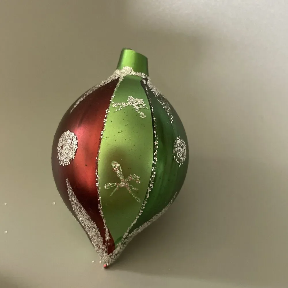 Vintage Hand Painted Blown Glass Teardrop Christmas Ornament Glitter Snowflake